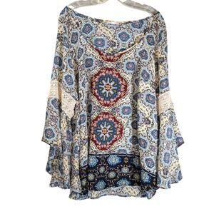 Free 2 Luv Womens 2X Blue Paisley Medallion‎ Bell Sleeve Crochet Lace Blouse Top